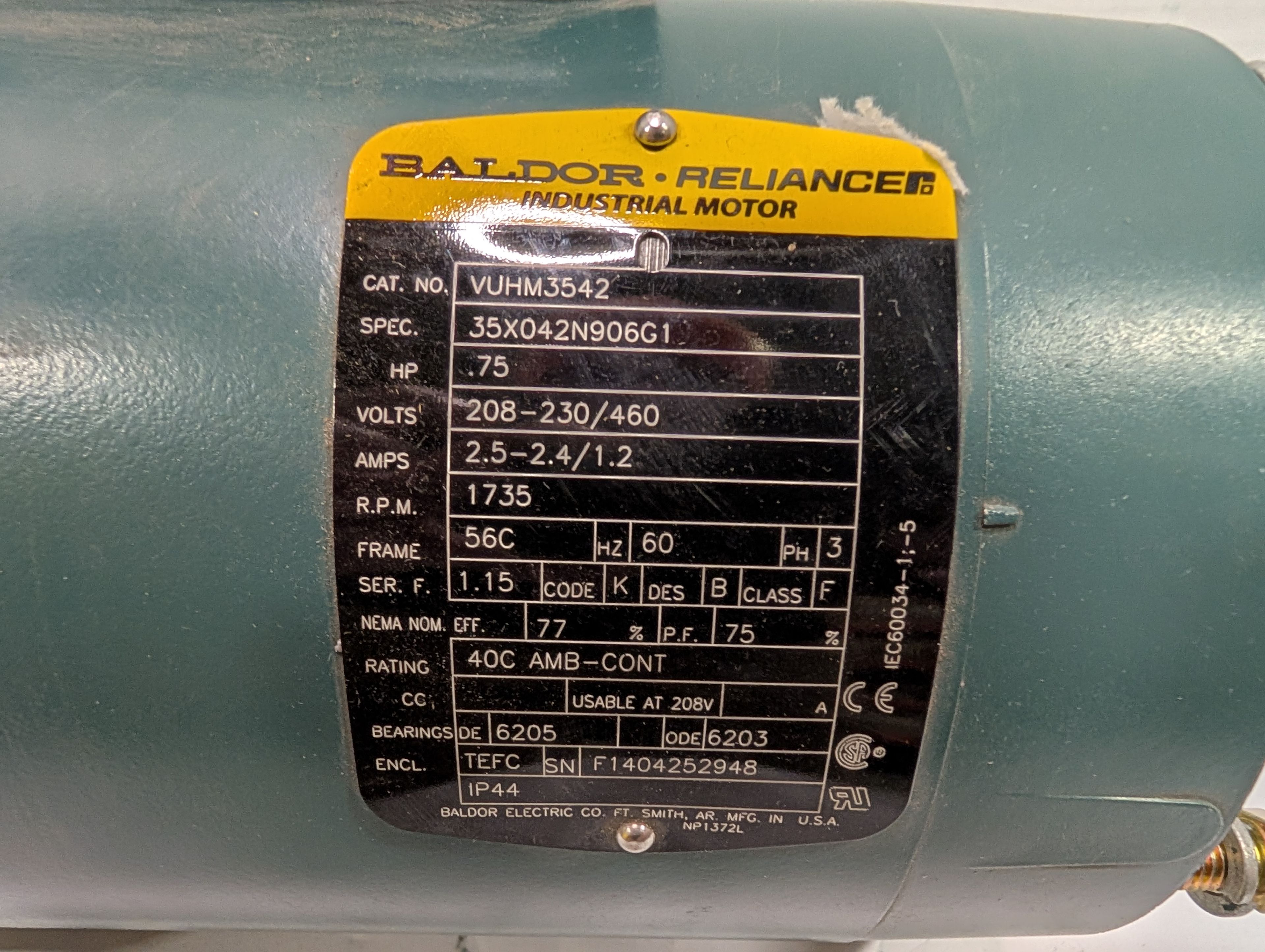 Baldor Reliance - 0.75 HP Electric Motor - VUHM3542 - Document 5