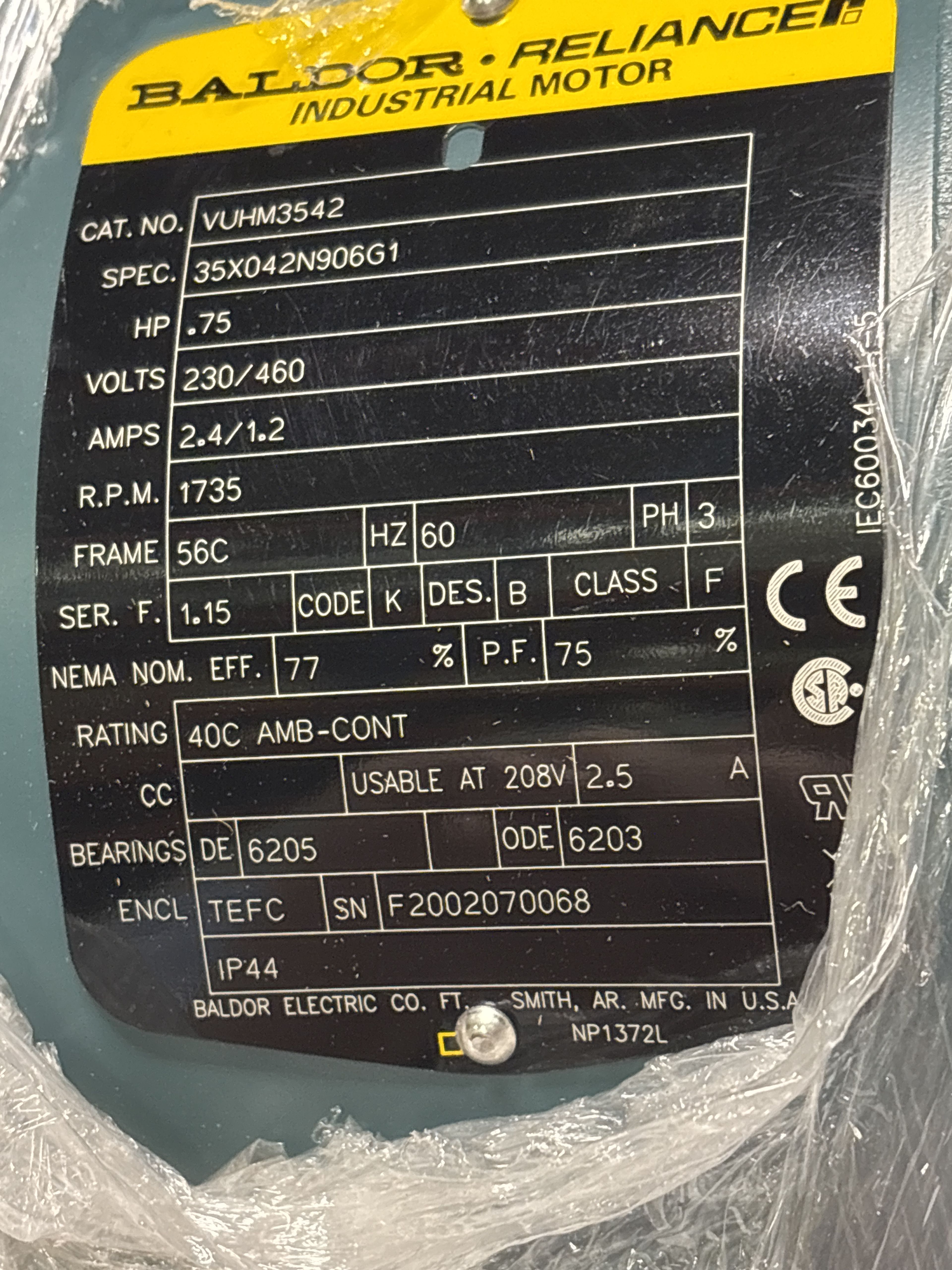 Baldor Reliance - .75 HP Electric Motor - VUHM3542