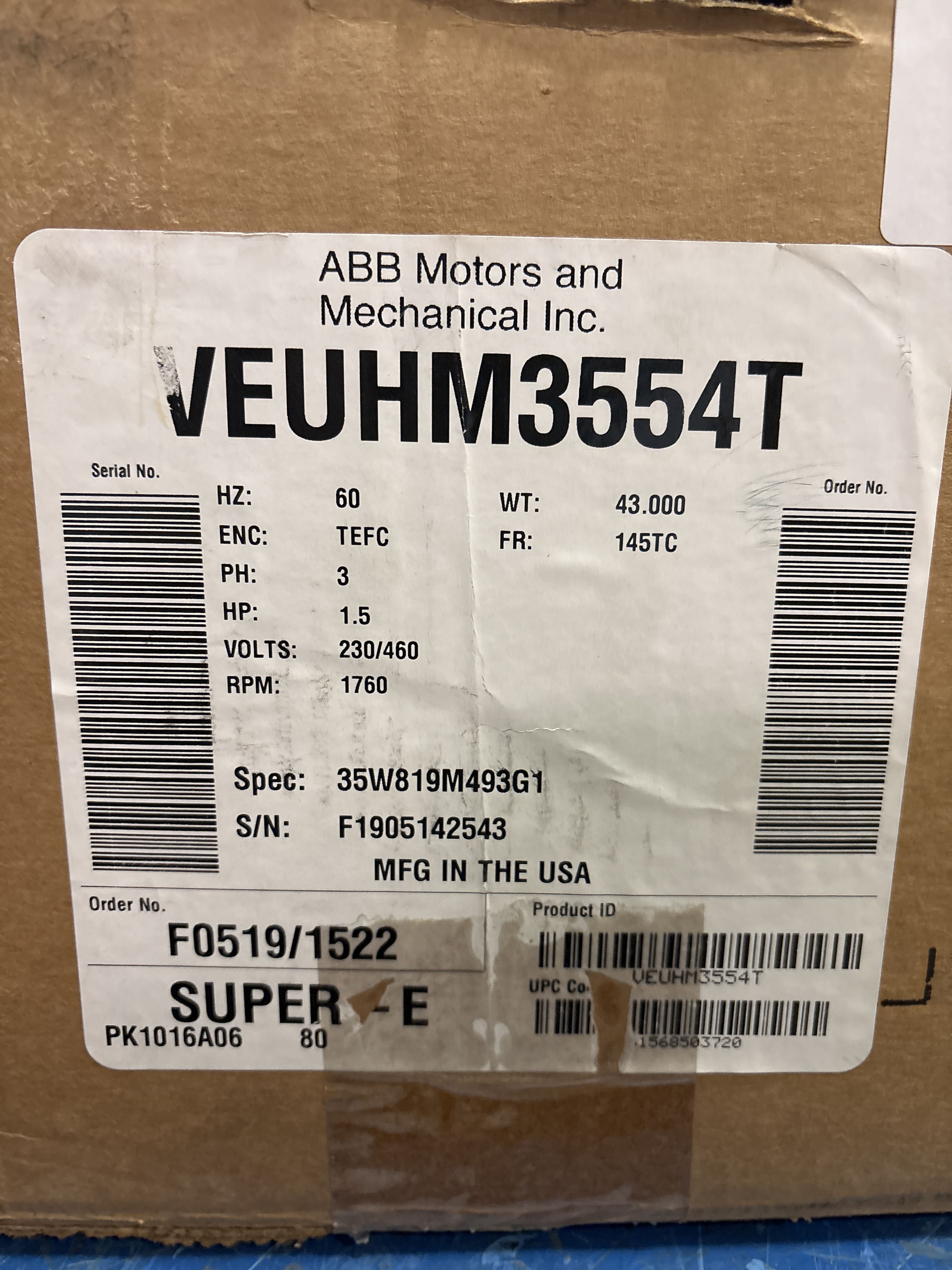 Baldor Reliance - 1.5 HP Electric Motor - VEUHM3554T