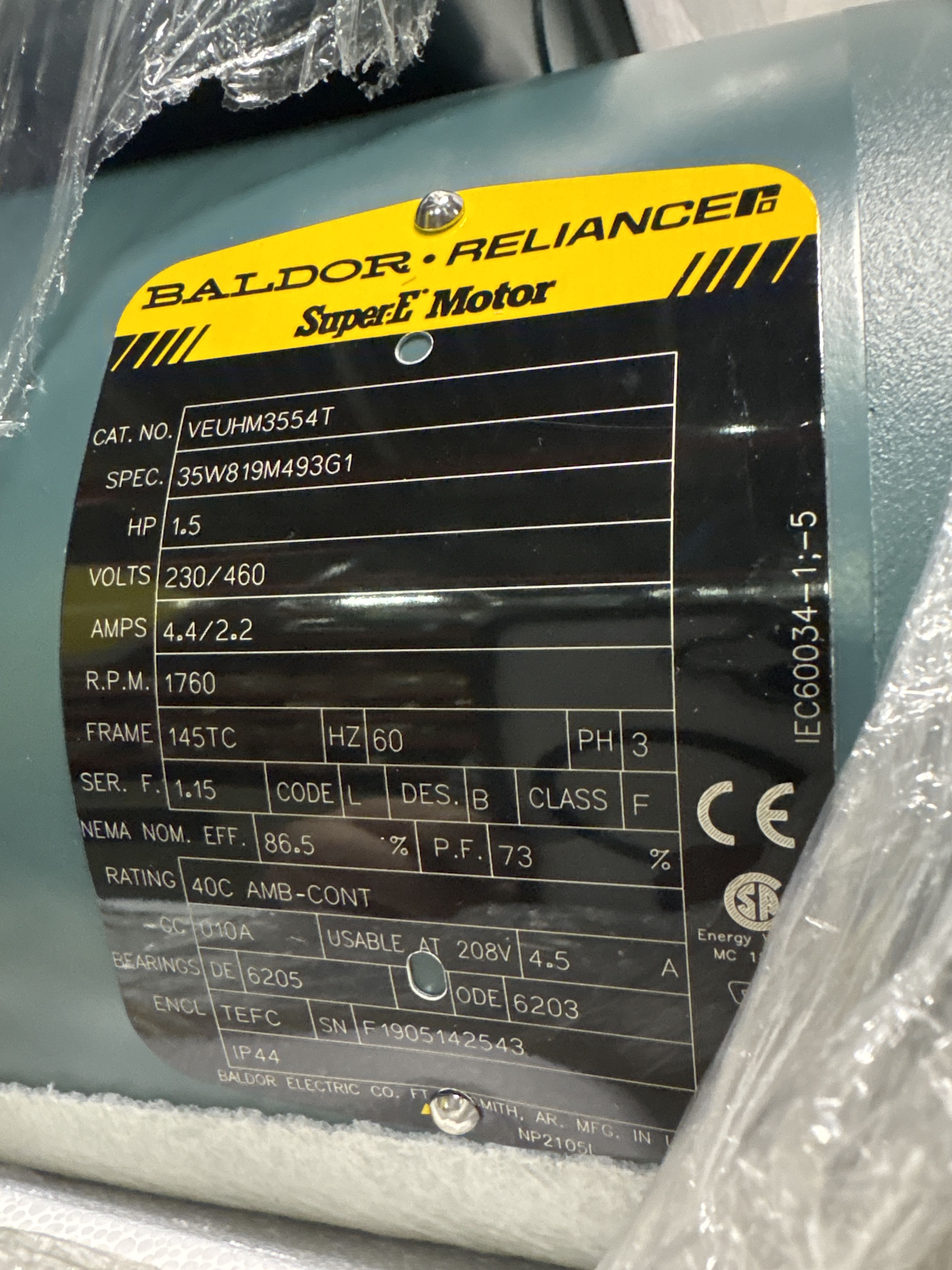 Baldor Reliance - 1.5 HP Electric Motor - VEUHM3554T - Document 2