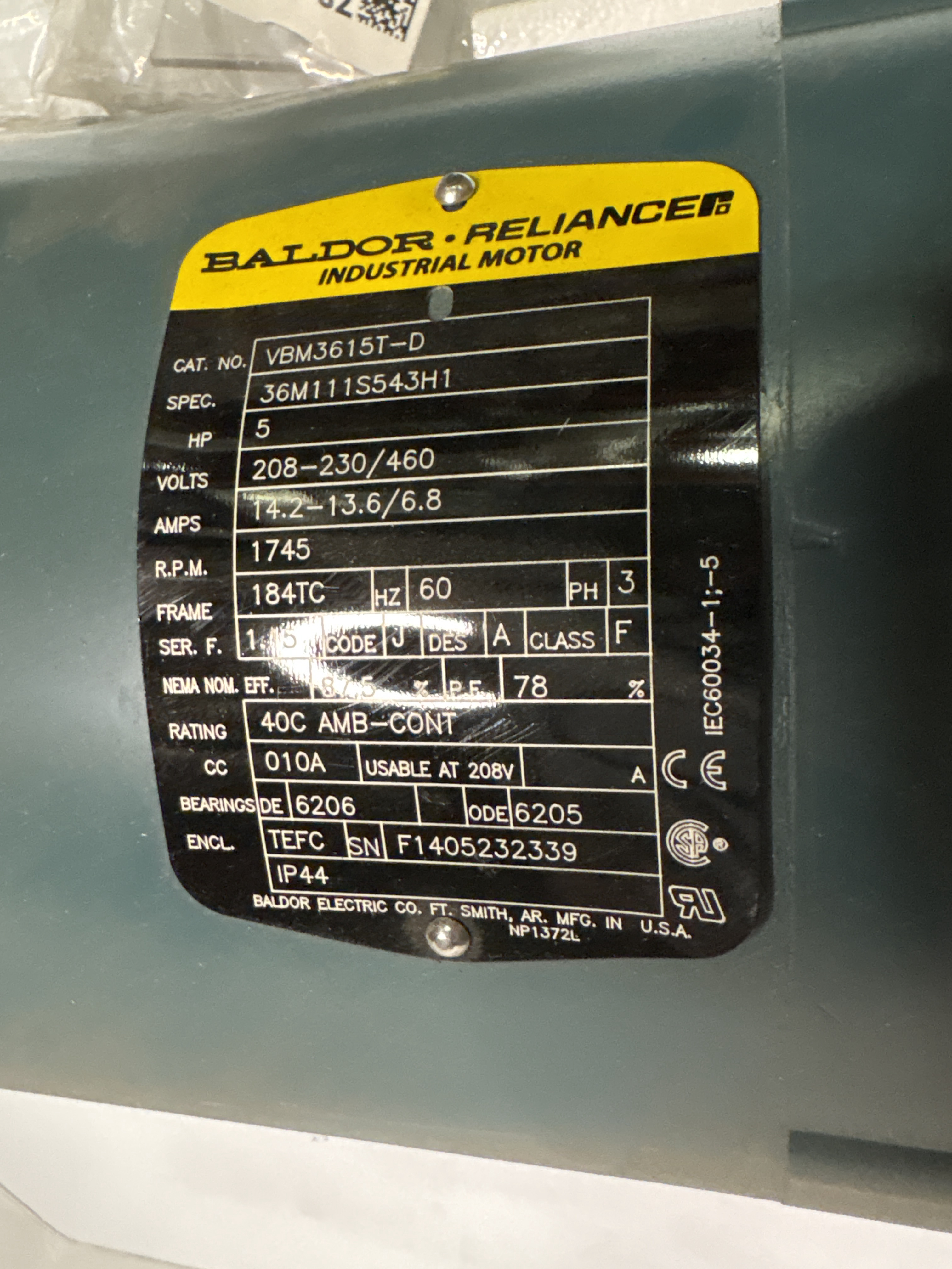 Baldor Reliance - 5 HP Electric Motor - VBM3615T-D
