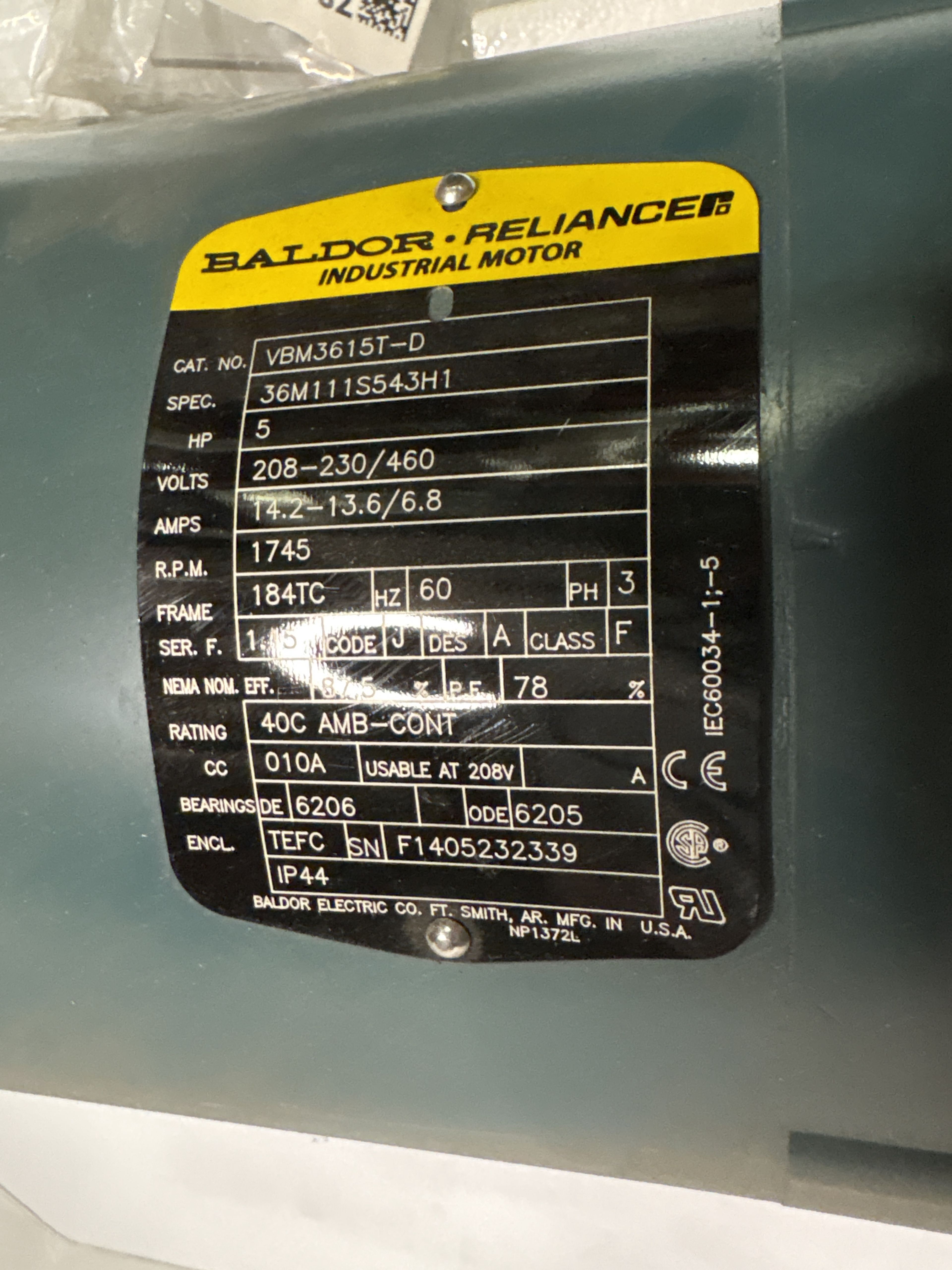 Baldor Reliance - 5 HP Electric Motor - VBM3615T-D