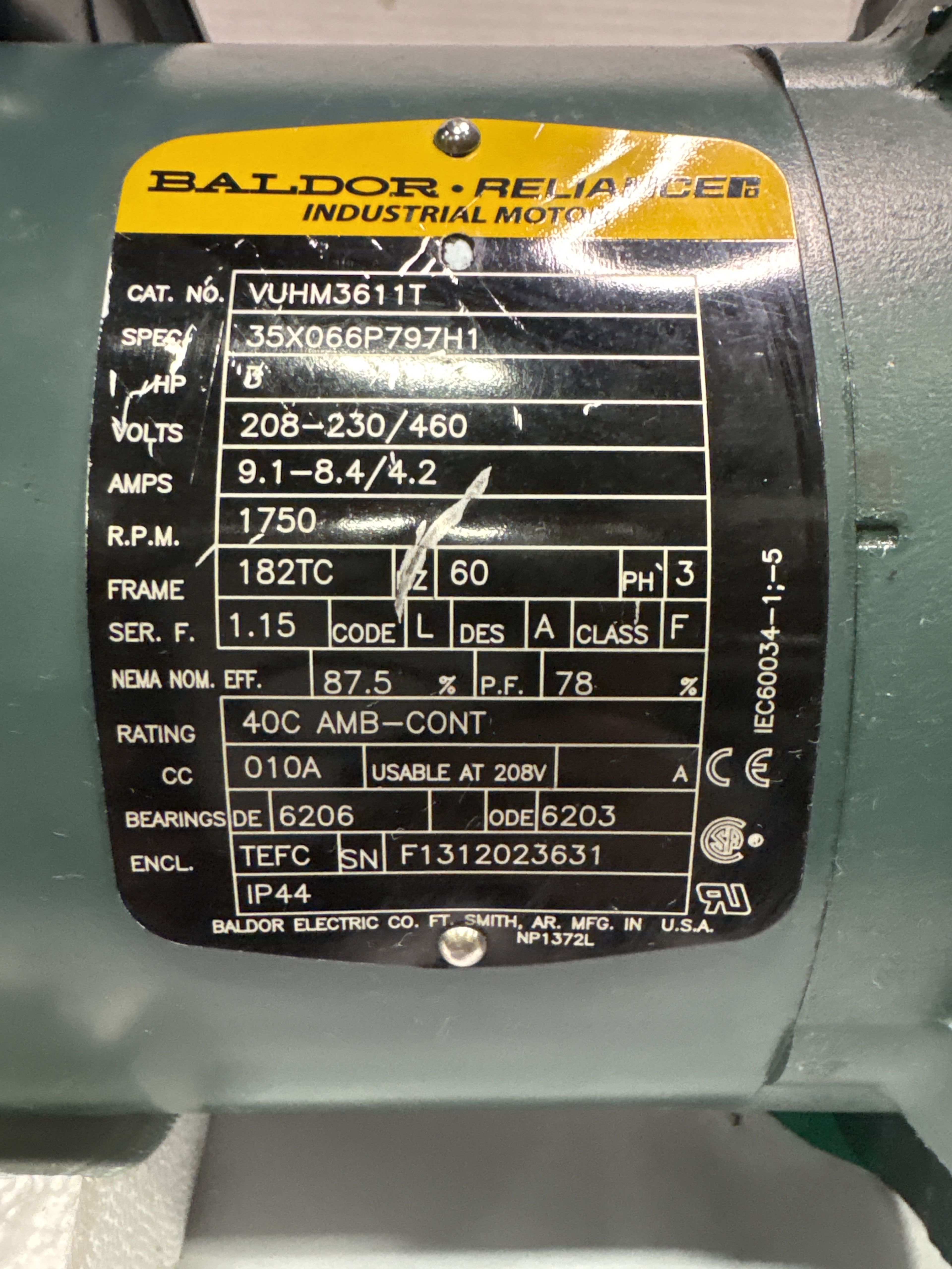 Baldor Reliance - 3 HP Electric Motor - VUHM3611T - Document 2