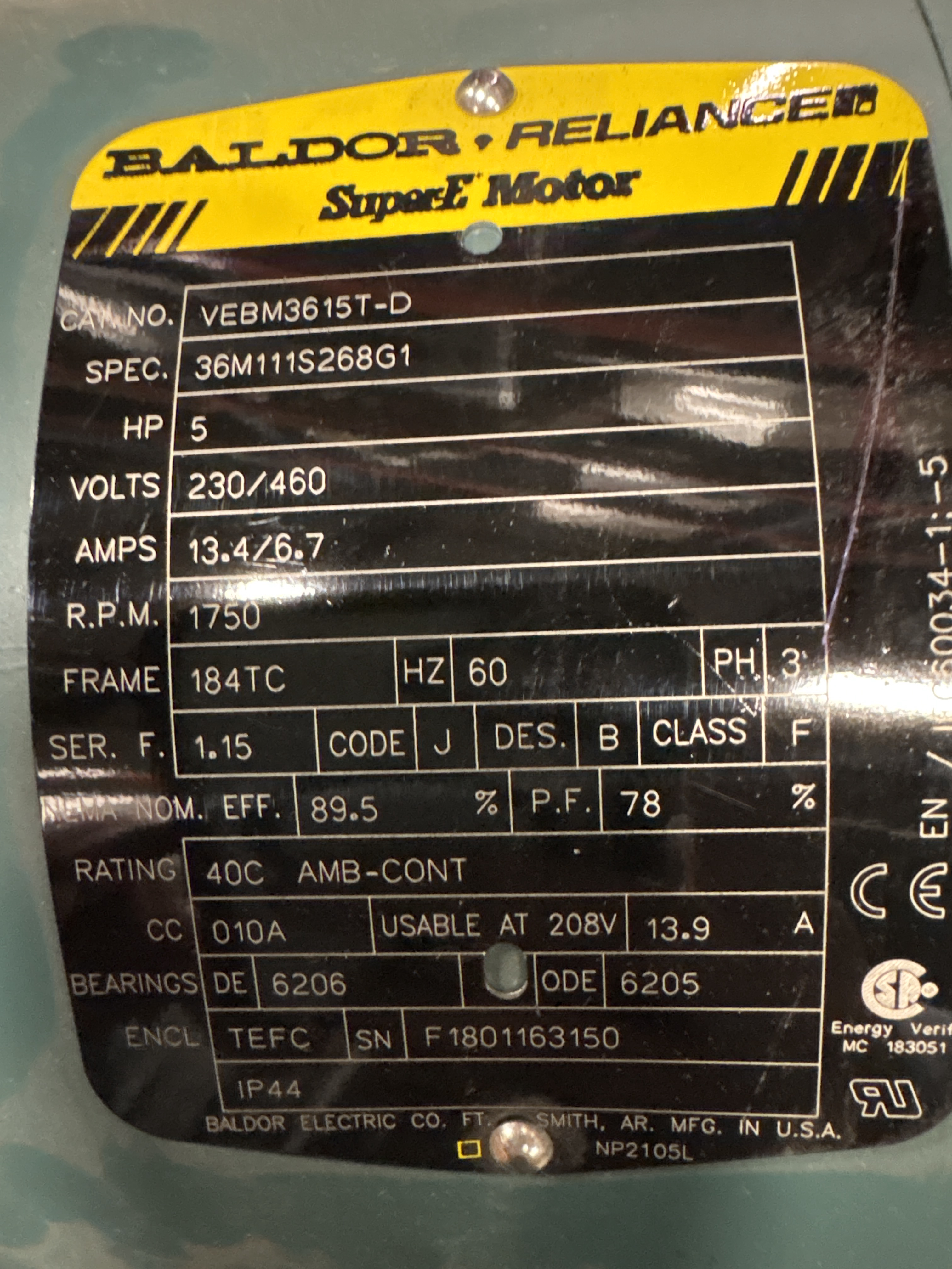 Baldor Reliance - 5 HP Electric Motor -VEBM3615T-D