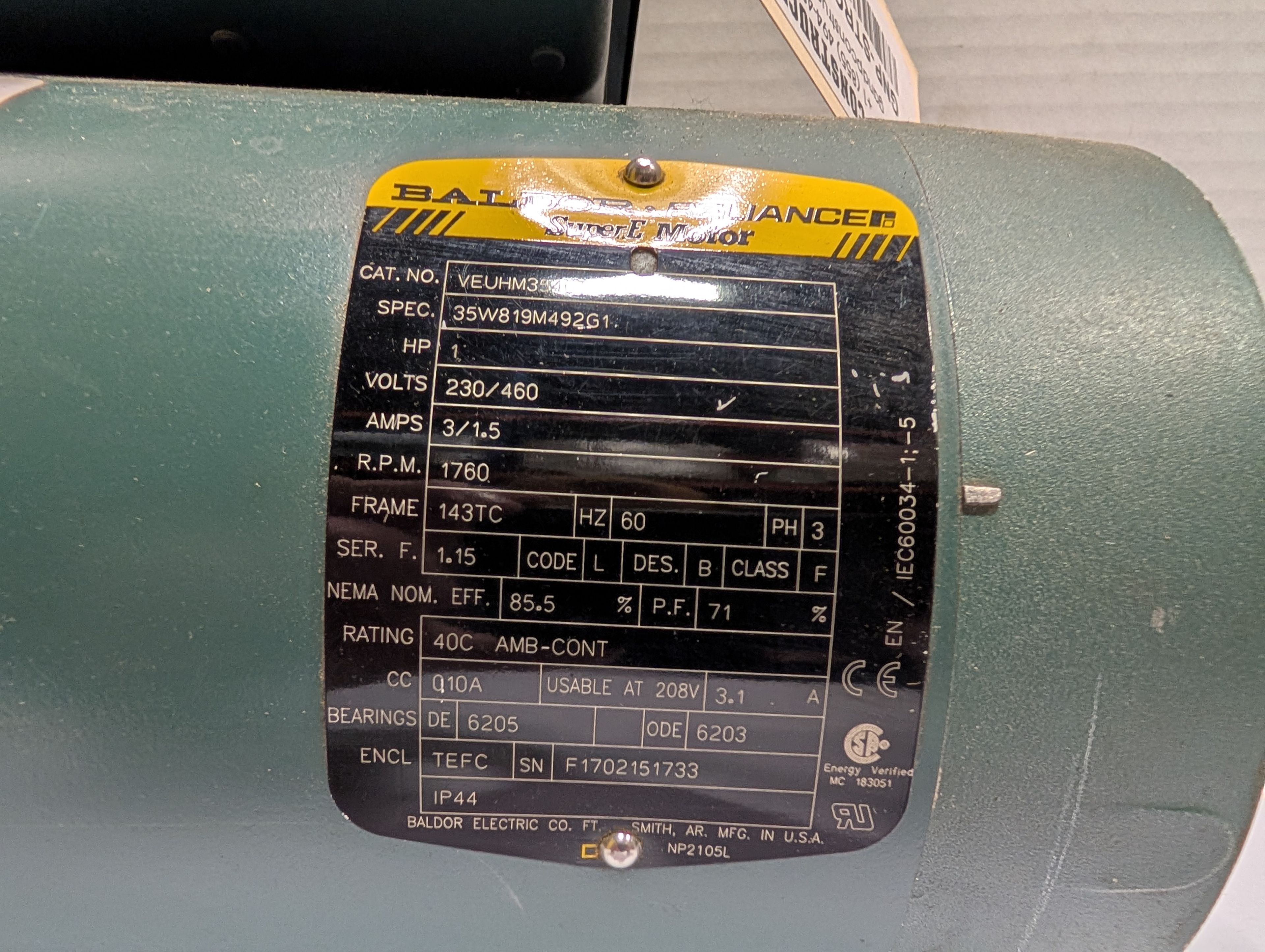 Baldor Reliance - 1 HP Electric Motor - VEUHM3546T - Document 5