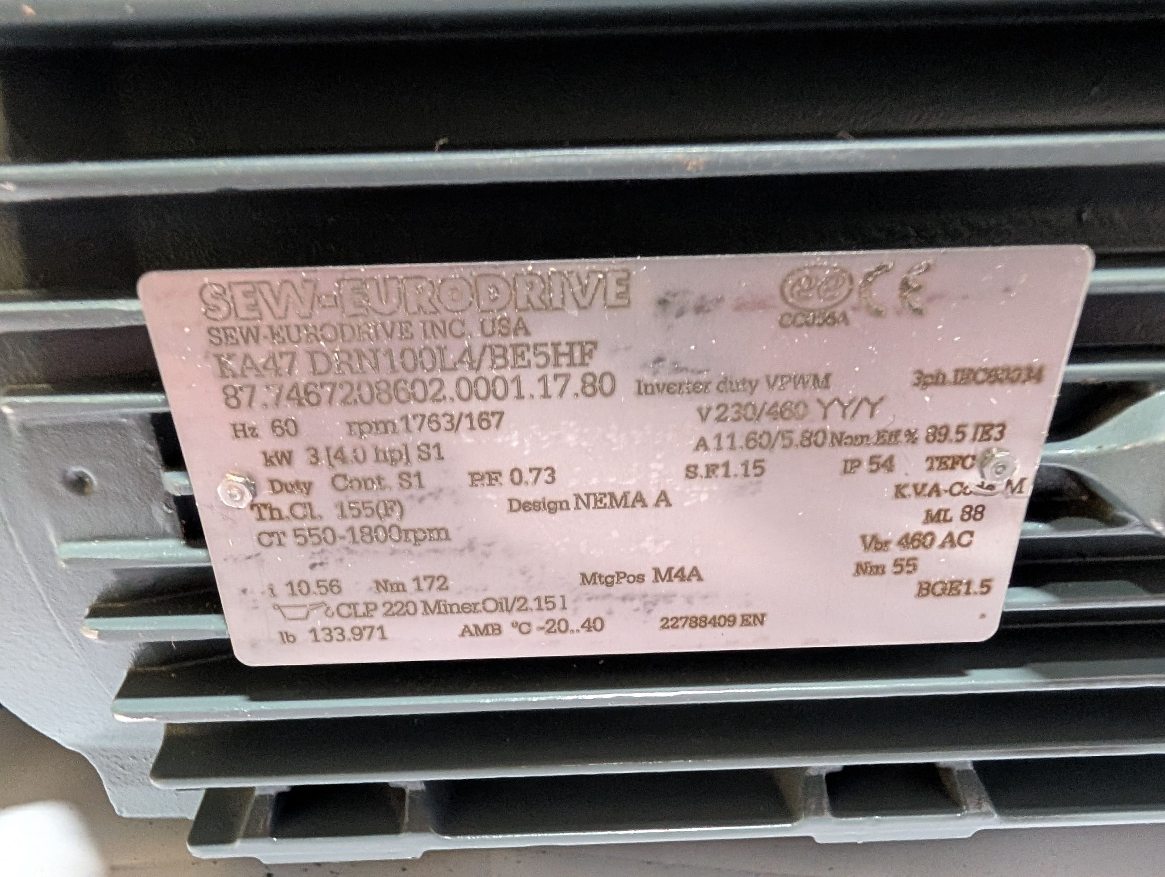 Sew-Eur5HFodrive - 4 HP Electric Motor - KA47 DRN100L4/BE - Document 5