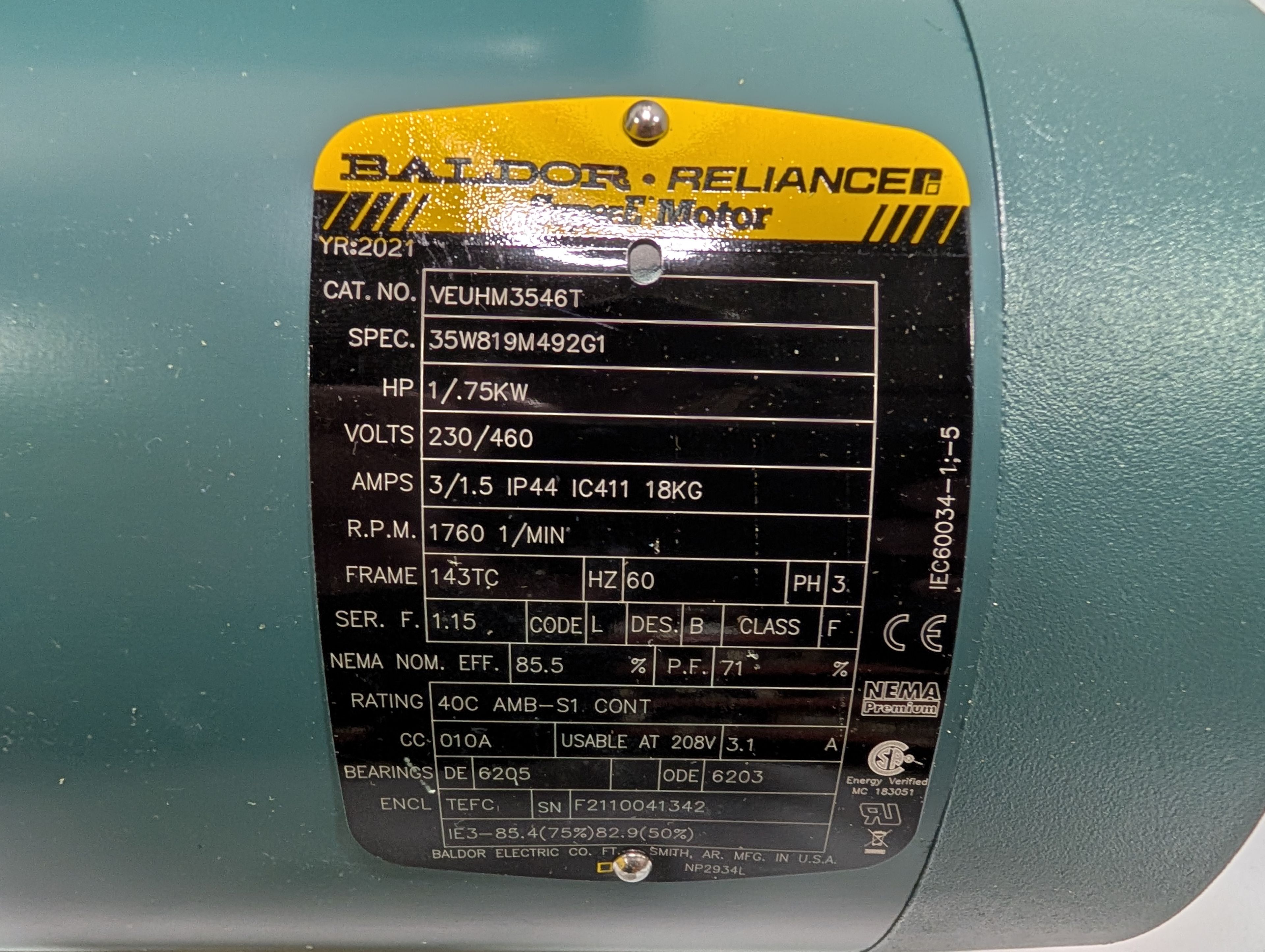 Baldor Reliance - 1 HP Electric Motor - VEUHM3546T - Document 4