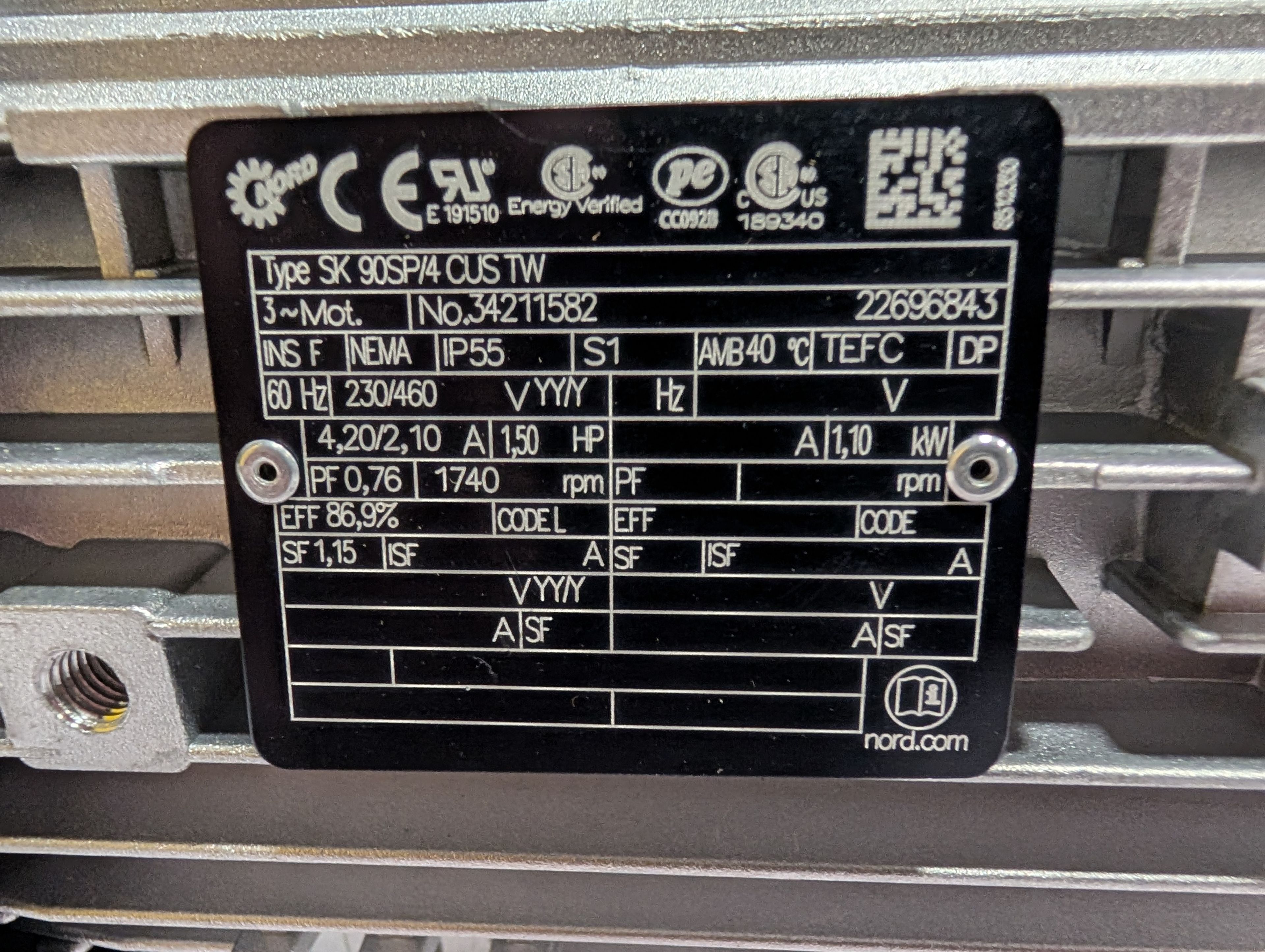 Nord Drive System - 1.5 HP Electric Motor - SK 90SP/4 CUS TW - Document 6