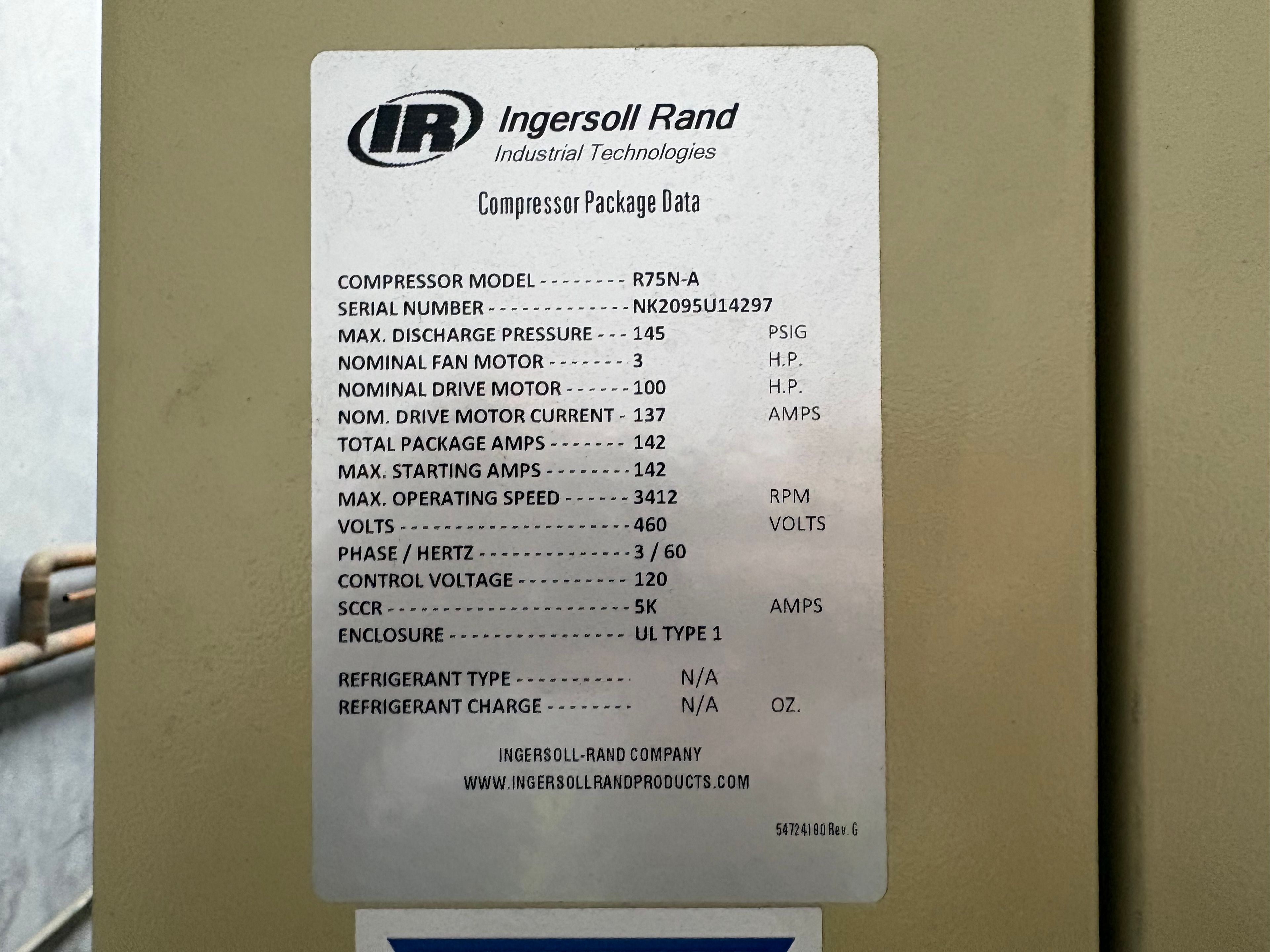 Ingersoll Rand Air Compressor - Model R75N-A - Document 3