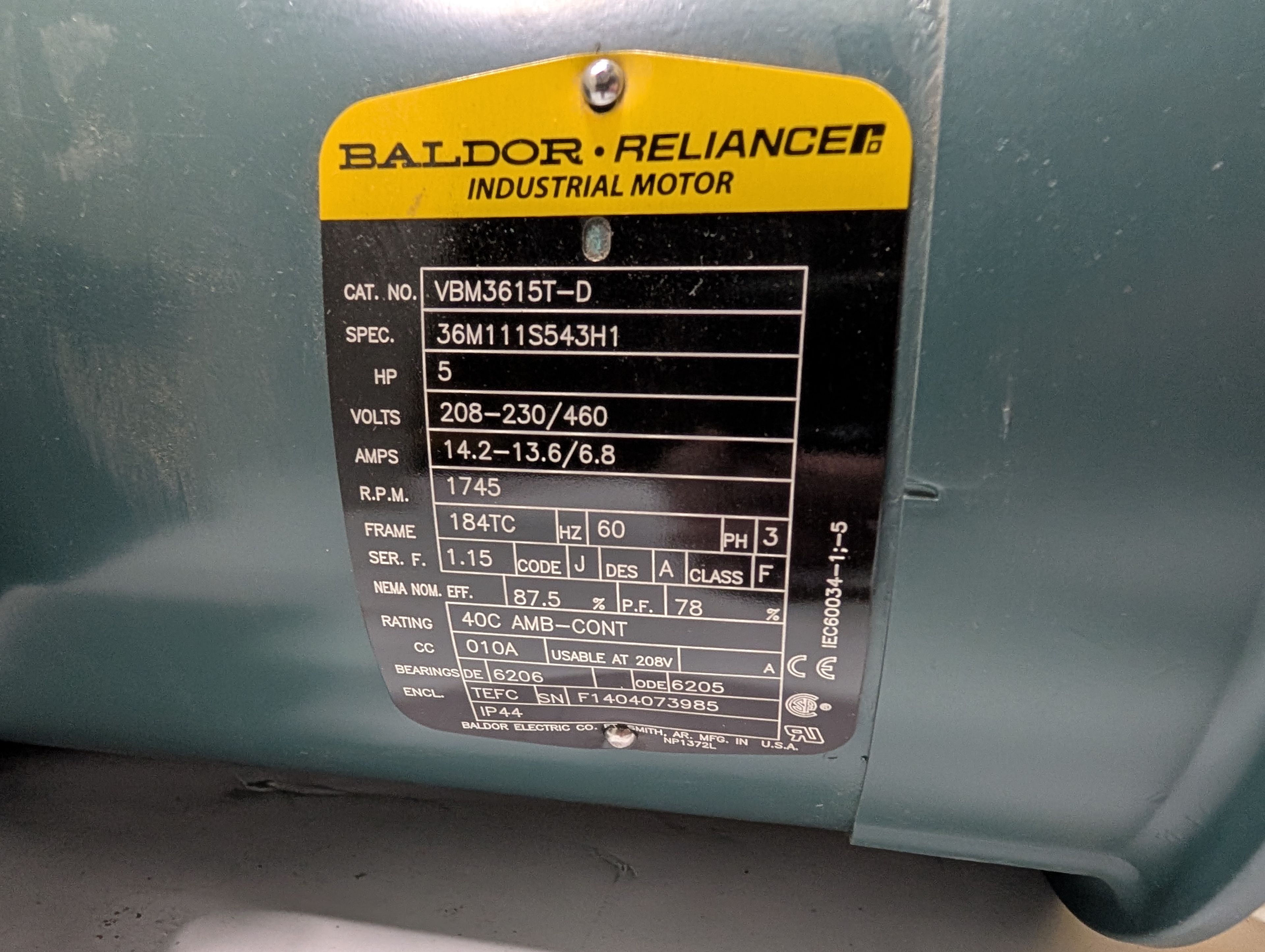 Baldor Reliance - 5 HP Electric Motor - VBM3615T-D - Document 2