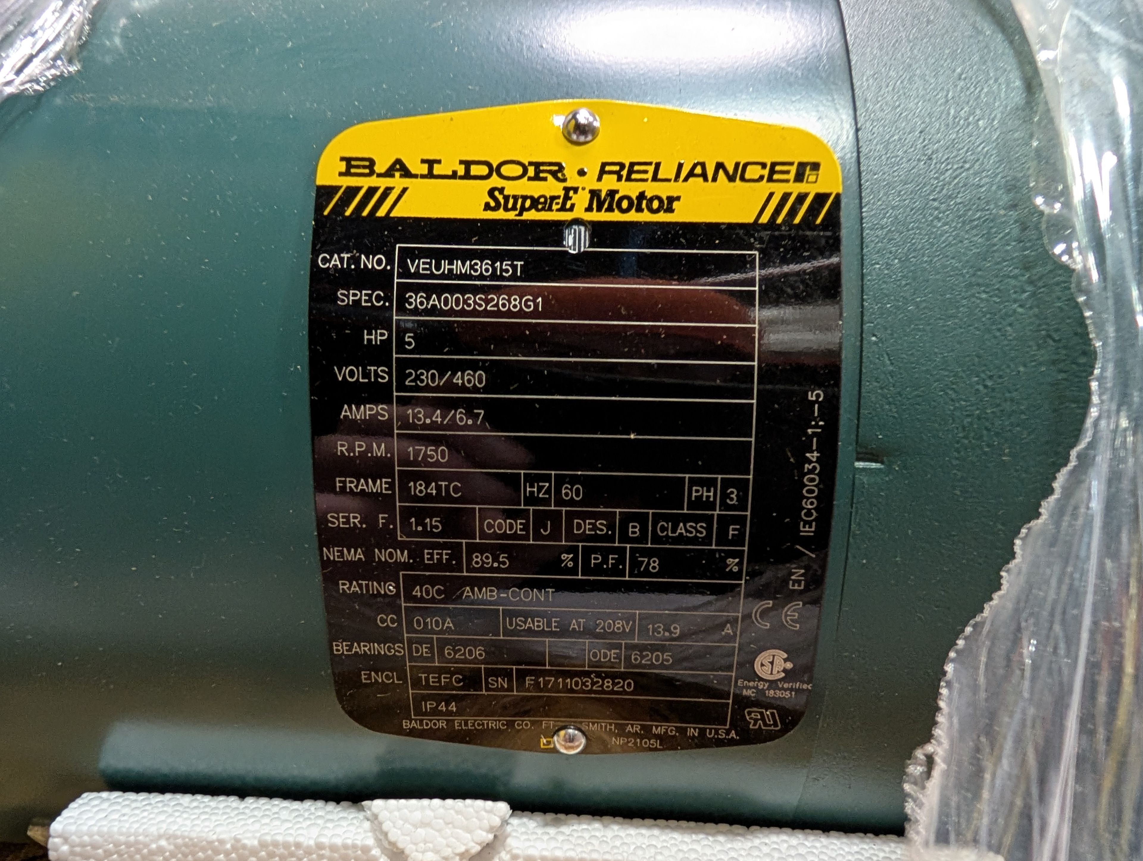 Baldor Reliance - 5 HP Electric Motor - VEUHM3615T - Document 2
