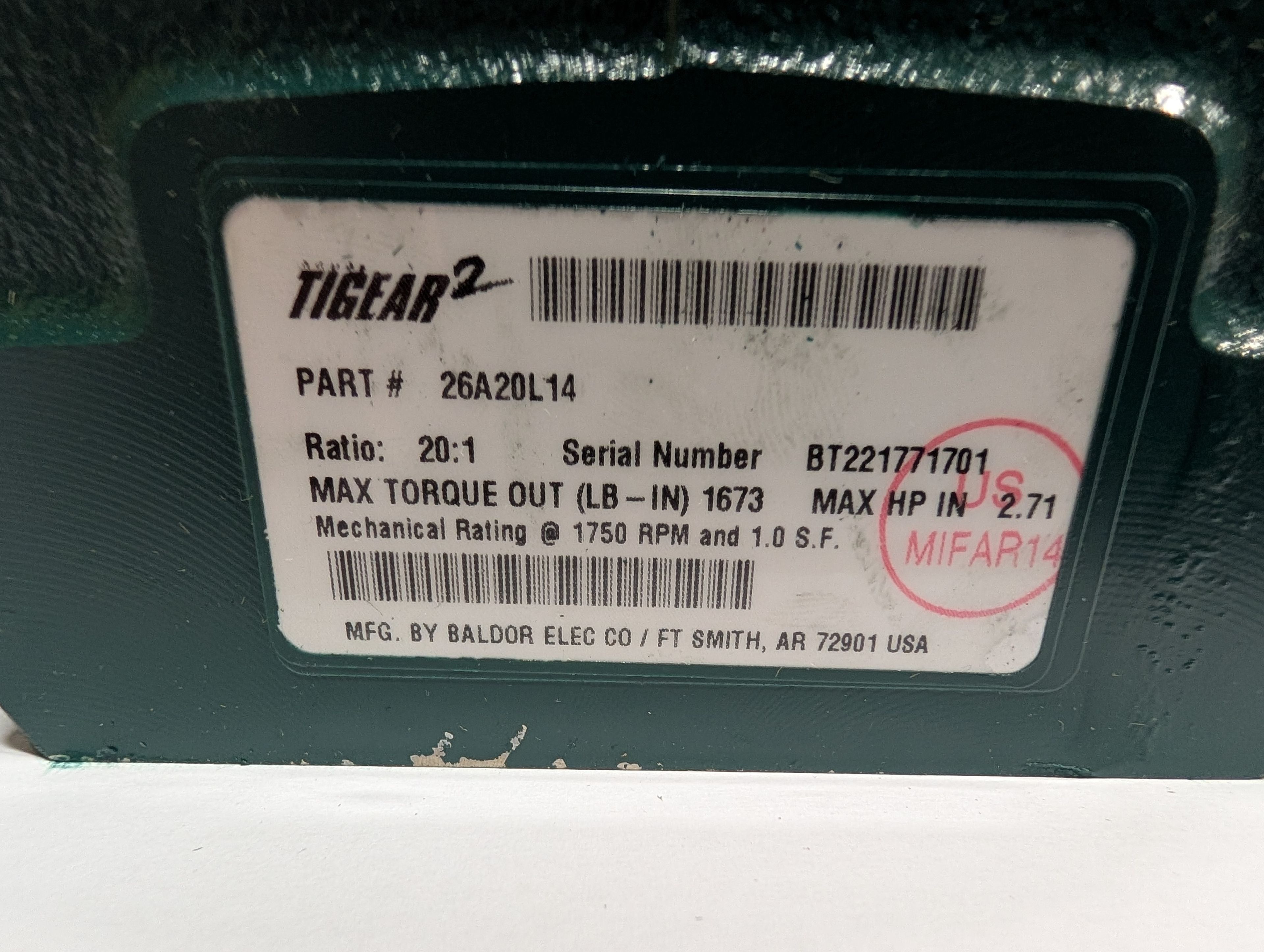 Dodge Tigear - 20:1 Gear Reducer - 26A20L14 - Document 5